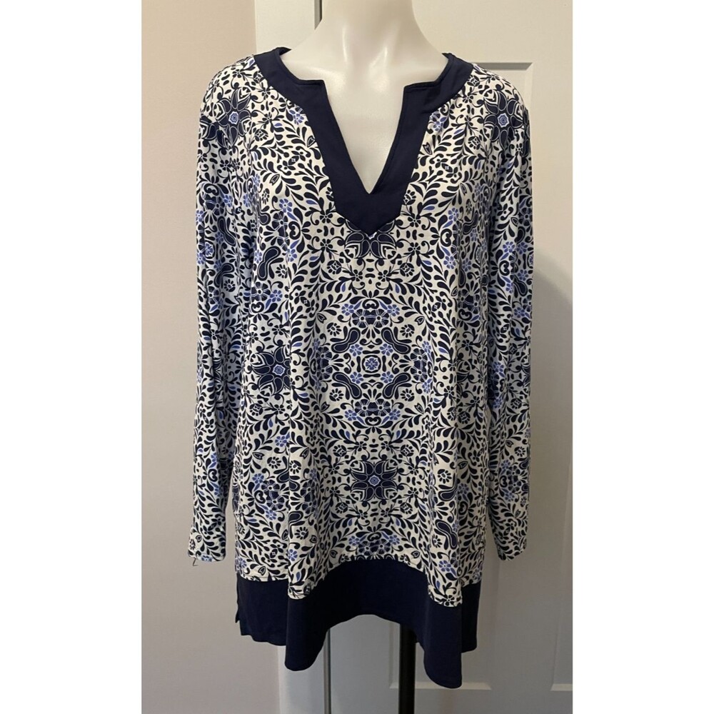 LANDS END Women Swim Shirt RASH GUARD Long Sleeve BLUE White Size 1X 16W-18W